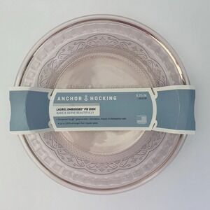 NEW Anchor Hocking Pink Rosewater Laurel Embossed 9.25" Glass Pie Dish Plate